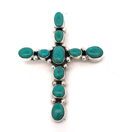 Estate 925 Sterling Silver Oval Turquoise Bezel Large Cross Statement Pendant