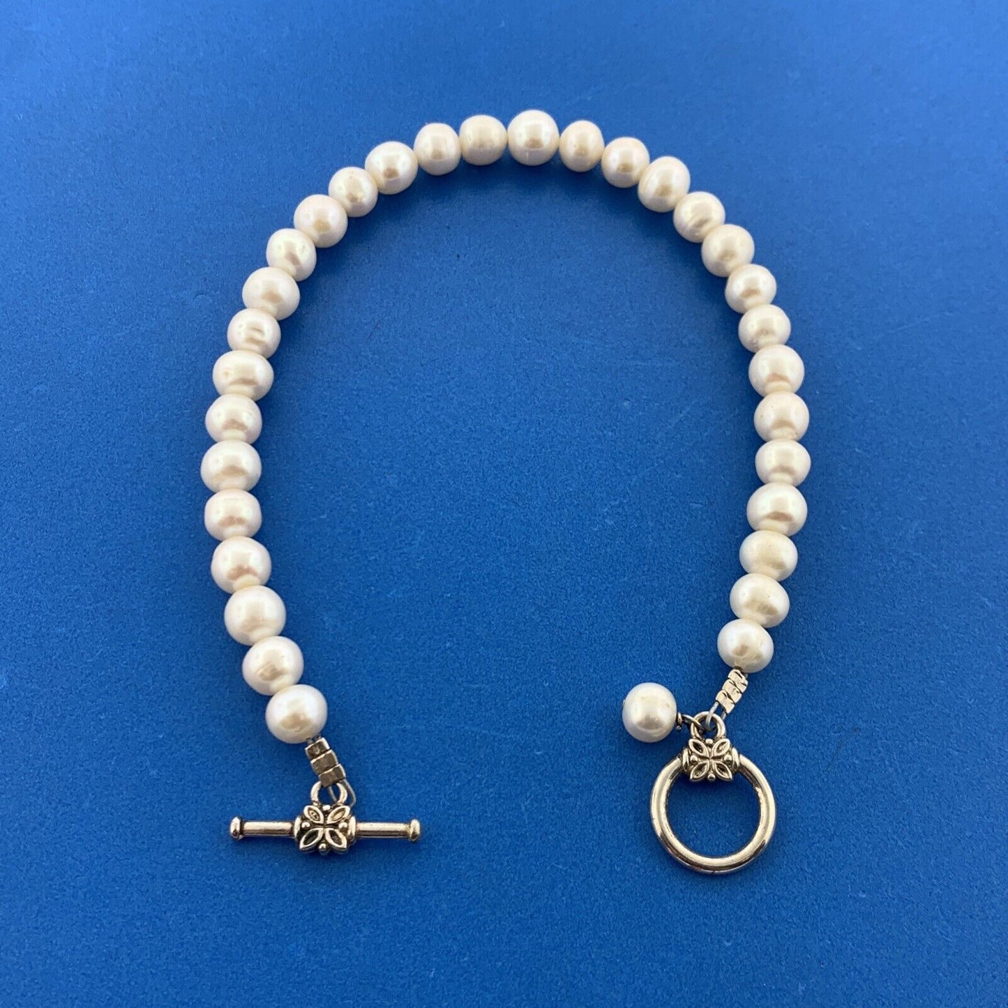 Silver Tone White Genuine Pearl June Bridal Wedding Anniversary Toggle Bracelet