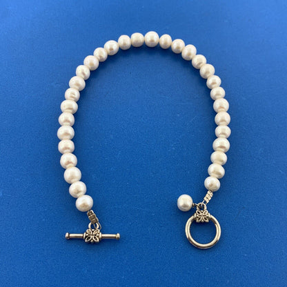 Silver Tone White Genuine Pearl June Bridal Wedding Anniversary Toggle Bracelet