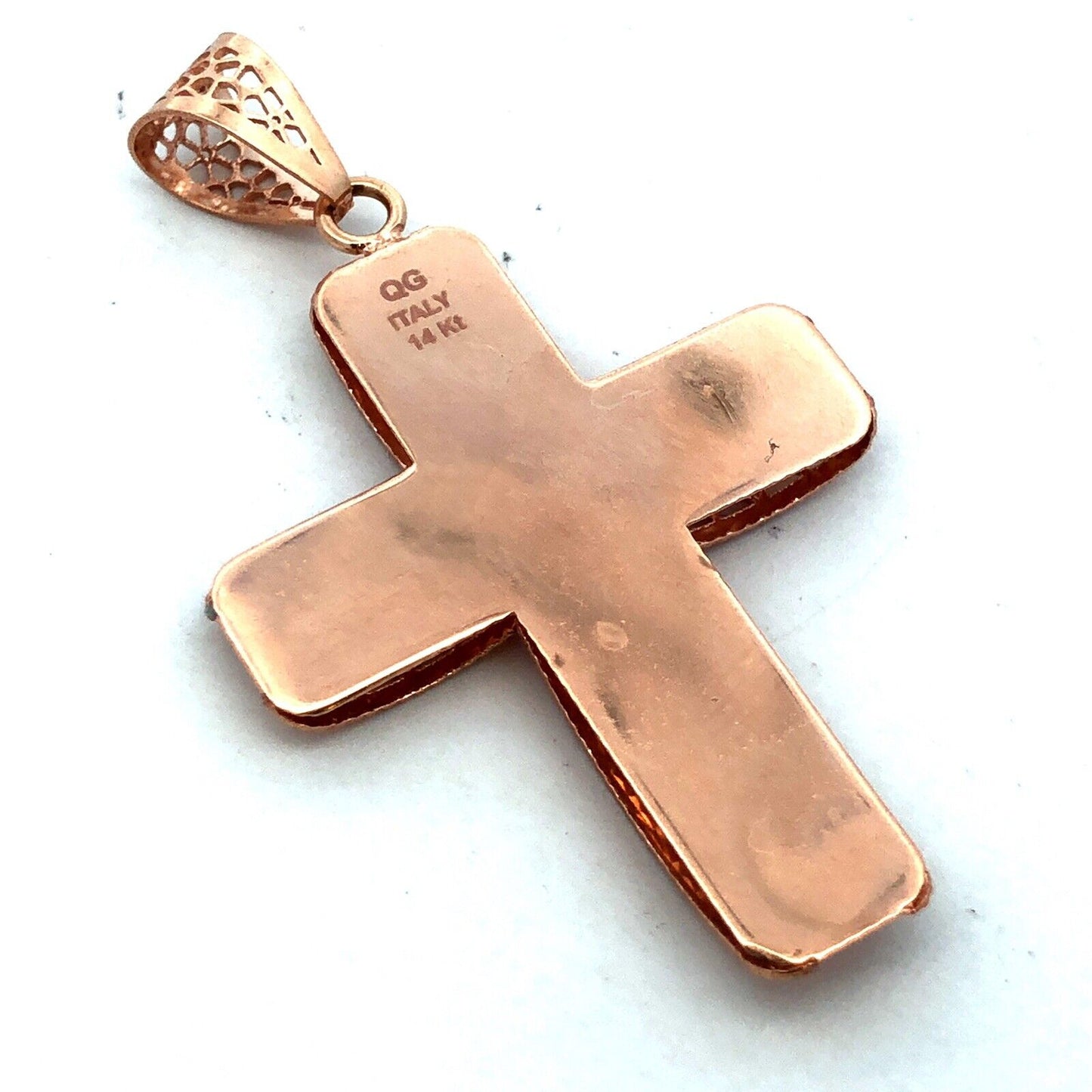 Designer QG Italy 14K Rose Gold Textured Open Work Cross Pendant