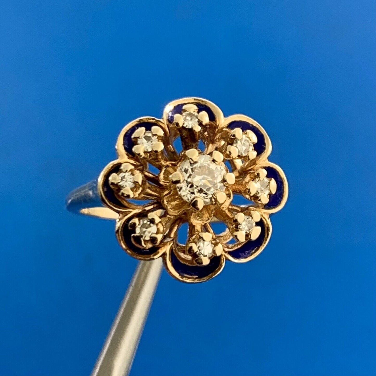 Vintage 14K Yellow Gold Diamond Cluster Blue Enamel Flower Cocktail Ring