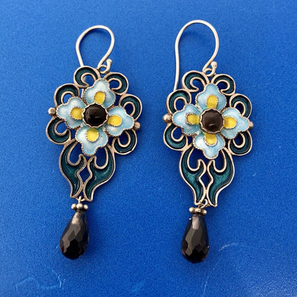 Designer BJ Sterling Silver 925 Smoky Topaz Enamel Floral Scroll Dangle Earrings
