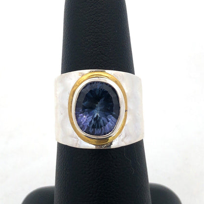 Designer YS 925 Sterling Silver Brass Oval Tanzanite Bezel Wide Hammered Ring