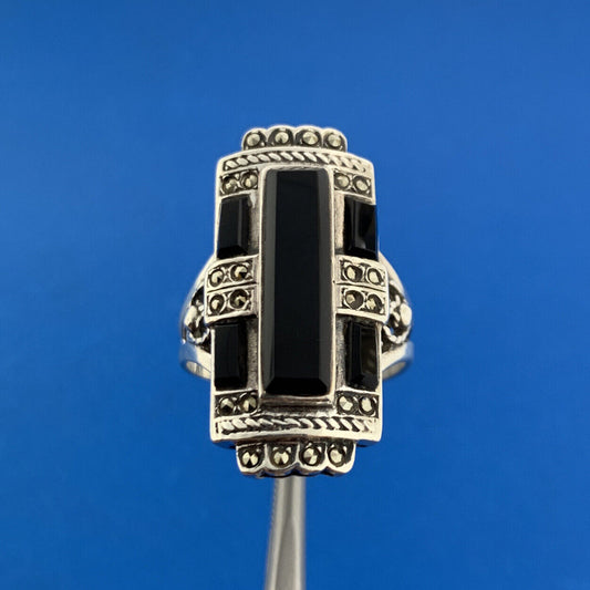 Estate 925 Sterling Silver Black Onyx Marcasite Heart Openwork Statement Ring