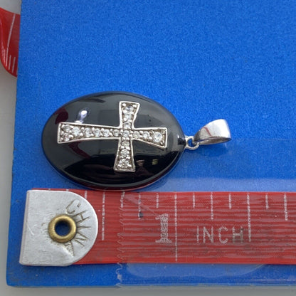 Designer 925 Sterling Silver Black Enamel Cubic Zirconia CZ Cross Pendant
