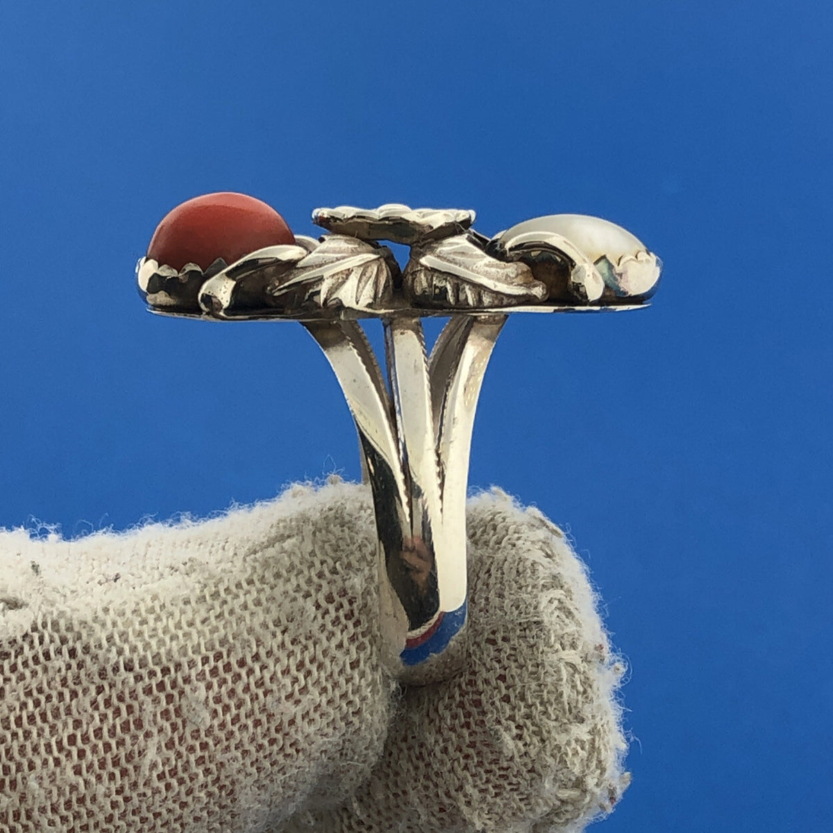 Native American Artisan Sterling Silver Coral Moonstone Elongated Feather Ring