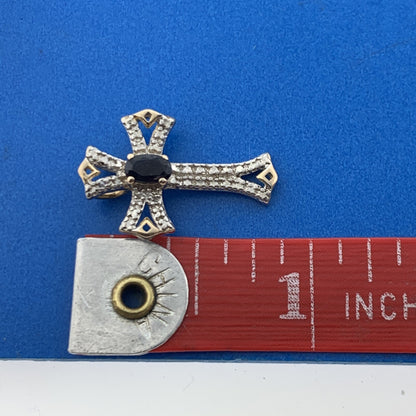 Designer 925 Sterling Silver Vermeil Oval Sapphire Two Tone Cross Pendant