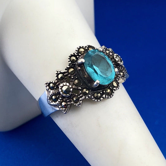 Vintage Sterling Silver 925 Blue Topaz Marcasite November Occasion Ring