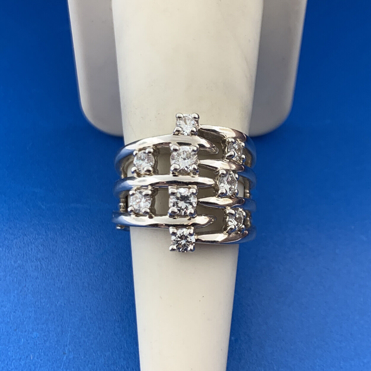 Designer Sterling Silver 925 Cubic Zirconia Seven Band Statement Cocktail Ring