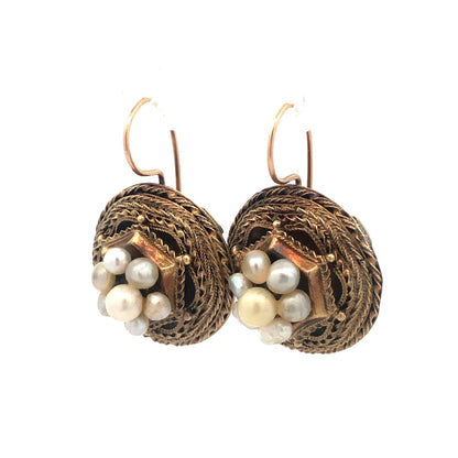 Mid Century 14K Yellow Gold Pearl Cluster Bird Nest Statement Drop Earrings