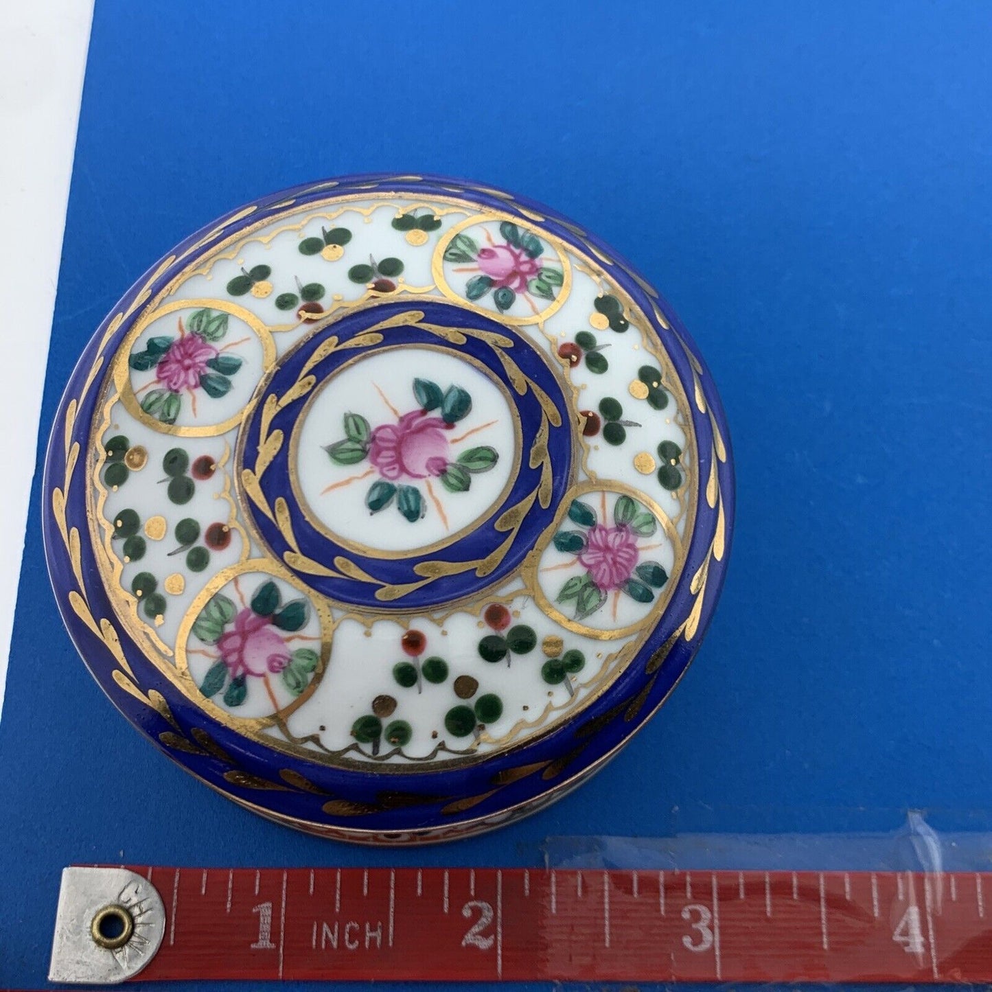 Vintage Griffe Hand Painted Floral Motif Italian Porcelain Round Trinket Box