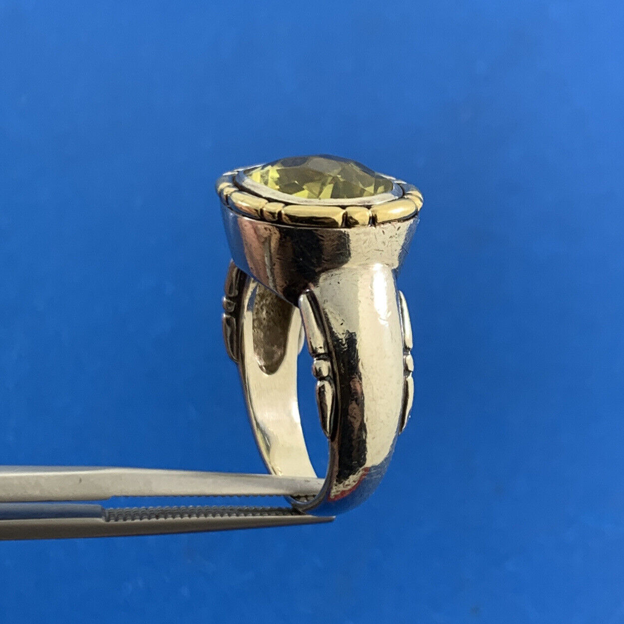 Designer Sterling Silver 18K Yellow Gold Oval Peridot Statement Cocktail Ring