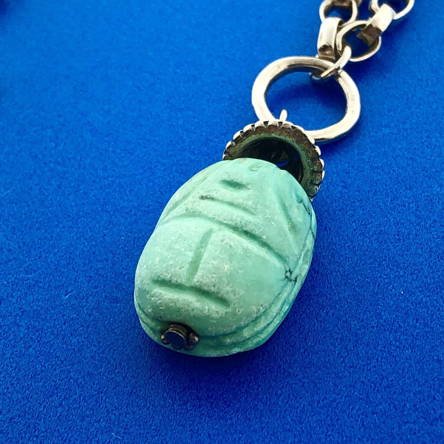 Vintage 925 Sterling Silver Carved Stone Scarab Beetle Oval Link Toggle Bracelet