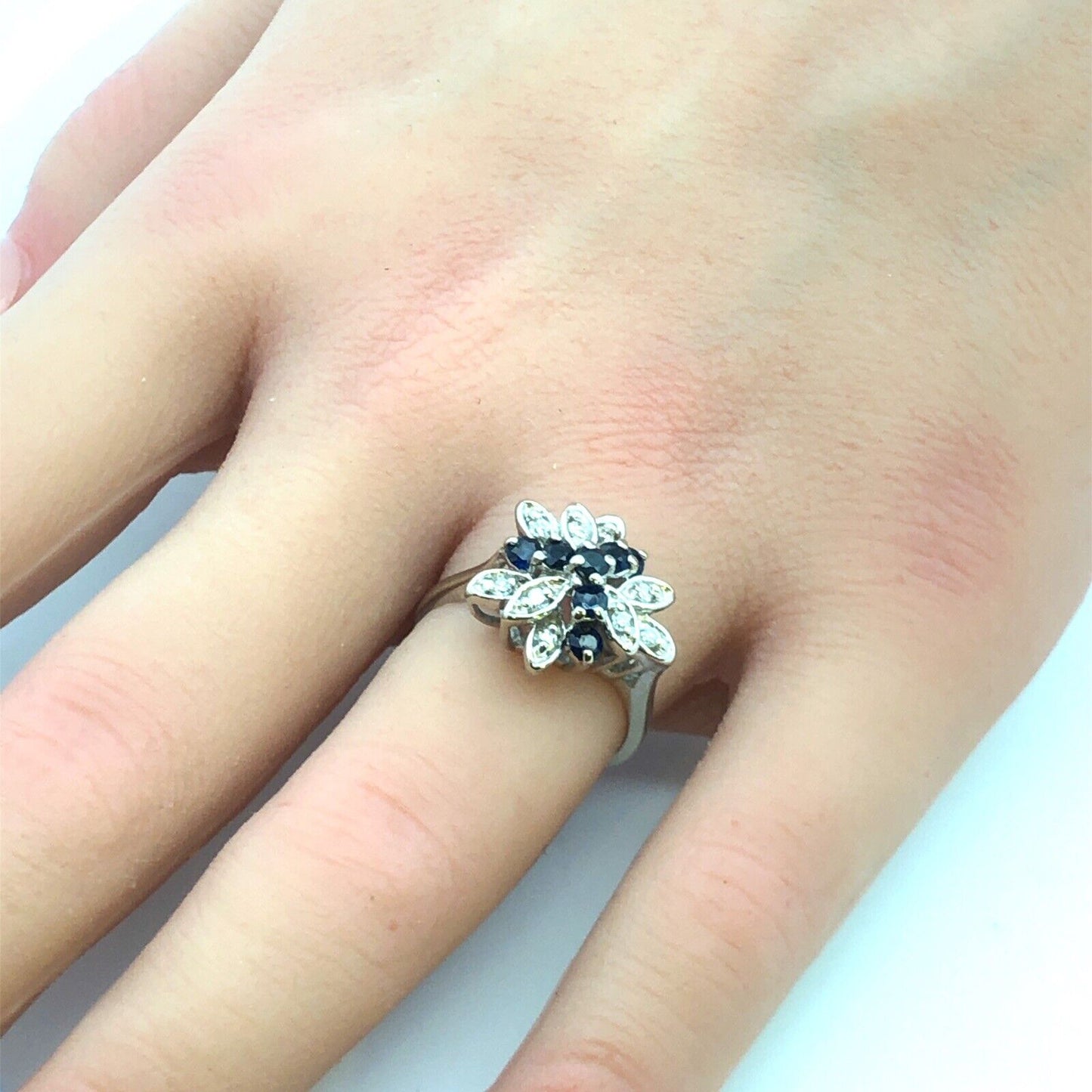 Designer 14K White Gold Sapphire Diamond Leaf Cluster Cocktail Ring