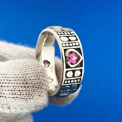 Stunning Sterling Silver 925 Heart Cut Pink Spinel Passion Love Band Ring Size 8