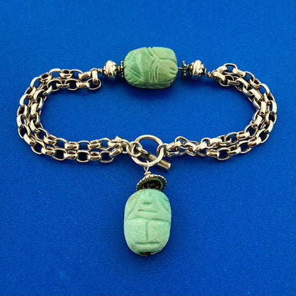 Vintage 925 Sterling Silver Carved Stone Scarab Beetle Oval Link Toggle Bracelet