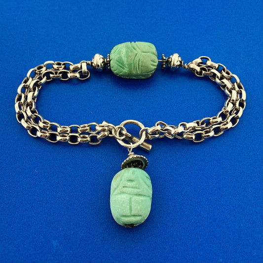 Vintage 925 Sterling Silver Carved Stone Scarab Beetle Oval Link Toggle Bracelet