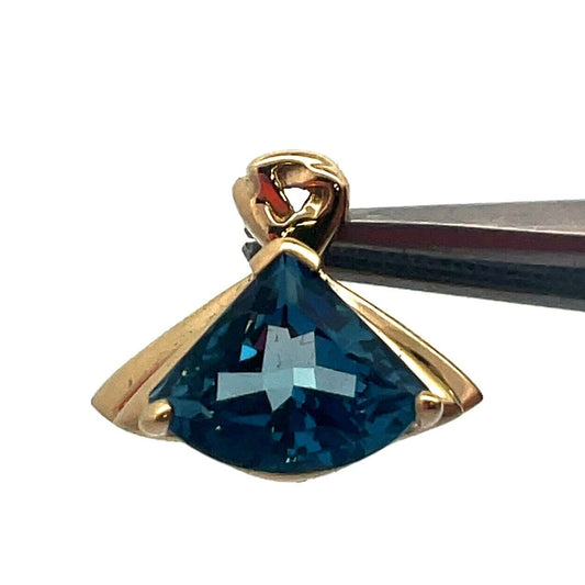 Designer 14K Yellow Gold Trillion Cut London Blue Topaz Statement Drop Pendant