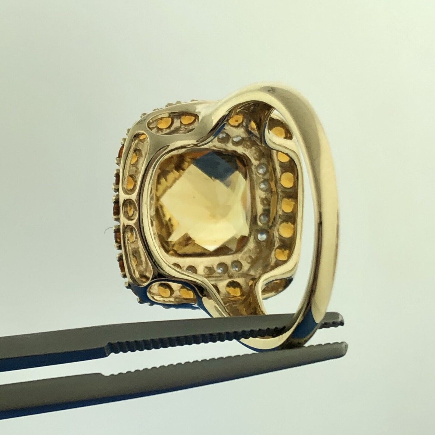 Designer 14K Yellow Gold Citrine Diamond Citrine Halo Statement Dome Ring Size 7