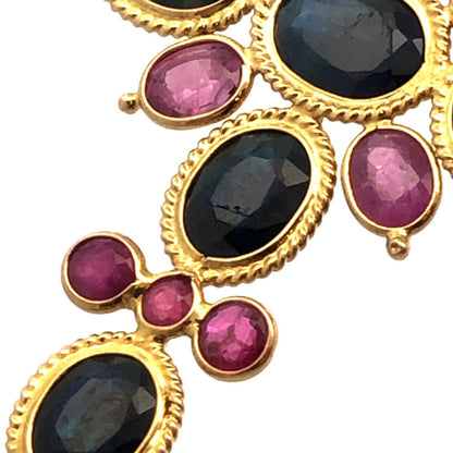 Estate 18K Yellow Gold Sapphire Ruby Statement Cross Religious Pendant