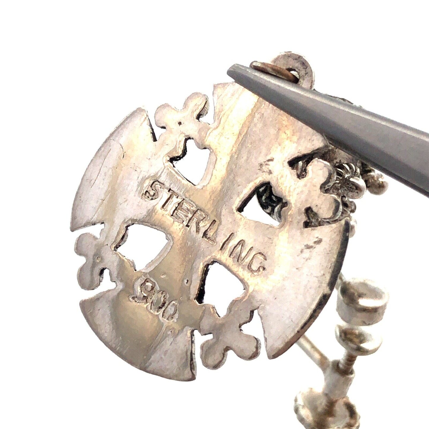 Vintage 900 Fine Silver Jerusalem Cross Detailed Clip On Dangle Earrings