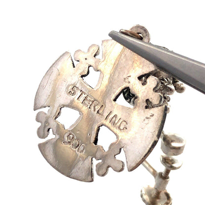 Vintage 900 Fine Silver Jerusalem Cross Detailed Clip On Dangle Earrings