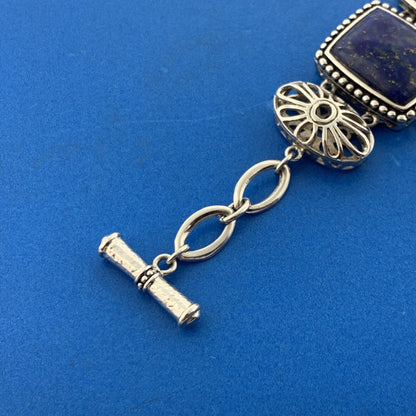 ATI Sterling Silver 925 Lapis Lazuli Turquoise Cabochon Panel Toggle Bracelet