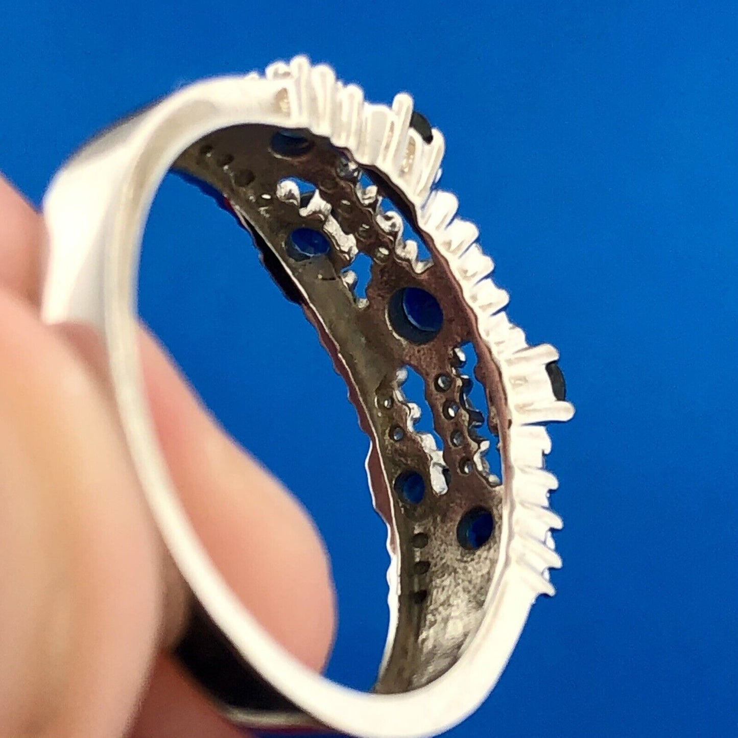 Designer Samuel Aaron THL 10K White Gold Sapphire Diamond Three Row Band Ring