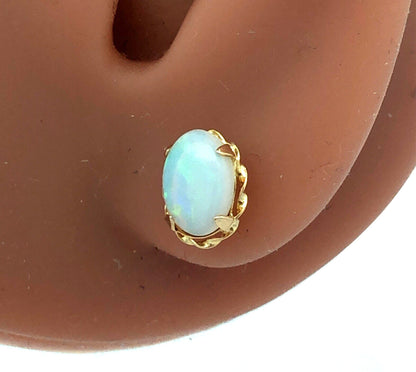 Estate 14K Yellow Gold Oval White Opal Cabochon Solitaire Stud Earrings