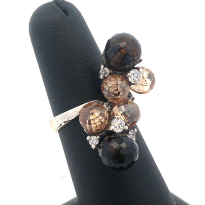 Vintage 925 Sterling Silver Faceted Brown White Cubic Zirconia Ball Cluster Ring