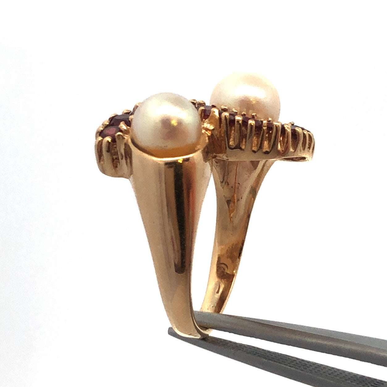 Vintage 14K Yellow Gold Garnet Pearl Free Form Cocktail Anniversary Ring