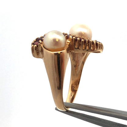 Vintage 14K Yellow Gold Garnet Pearl Free Form Cocktail Anniversary Ring