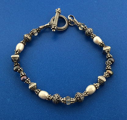 Artisan Sterling Silver 925 Pearl Crystal Bead Toggle Bracelet