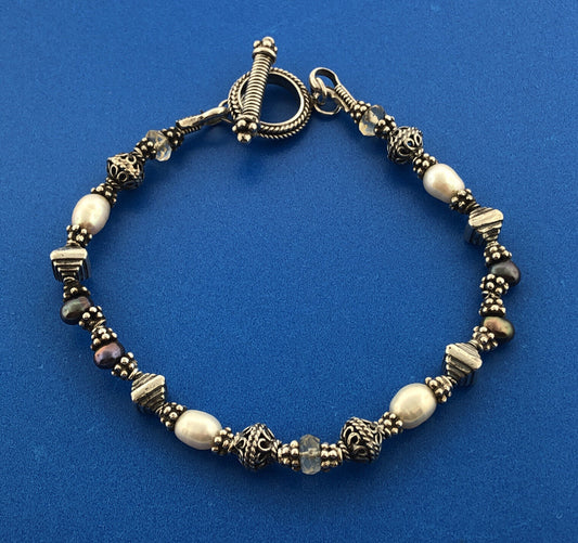 Artisan Sterling Silver 925 Pearl Crystal Bead Toggle Bracelet