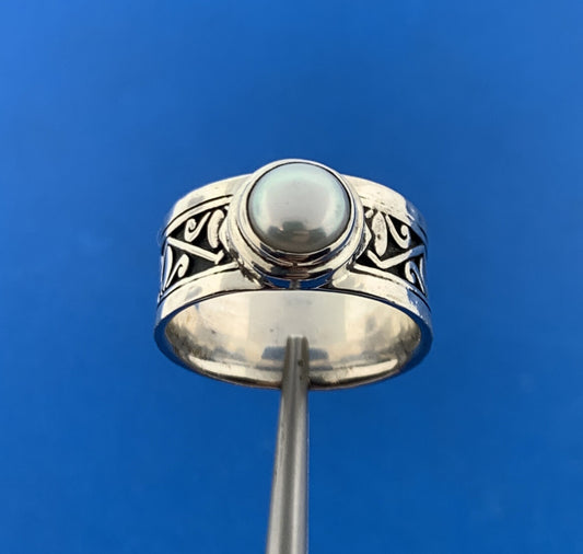 Designer 925 Sterling Silver Pearl Fleur De Lis Scroll Cigar Band Ring