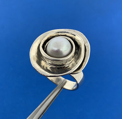 925 Sterling Silver Silpada Pearl Modernist Flower Crop Circle Statement Ring