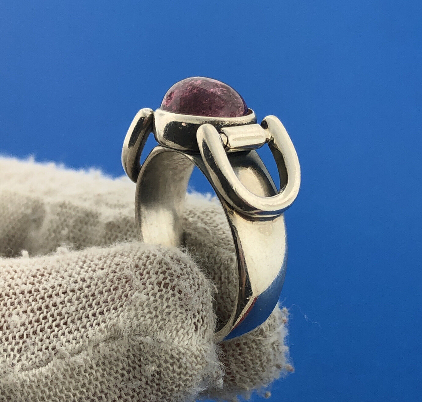 Estate Italy 925 Sterling Silver Amethyst Cabochon Belt Buckle Design Ring