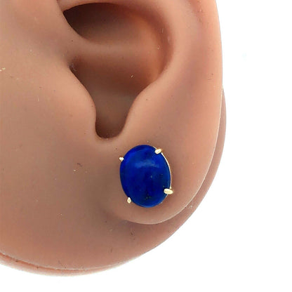 14K Yellow Gold Oval Cabochon Blue Lapis Lazuli Solitaire Stud Earrings