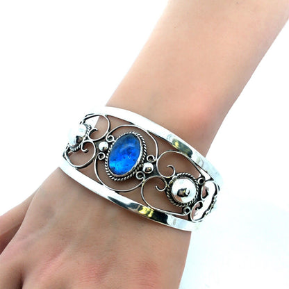 Designer Iguala Mexico 925 Sterling Silver Blue Glass Statement Cuff Bracelet
