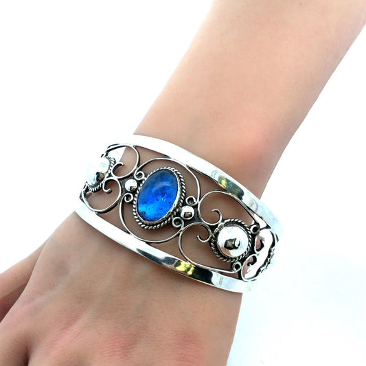 Designer Iguala Mexico 925 Sterling Silver Blue Glass Statement Cuff Bracelet