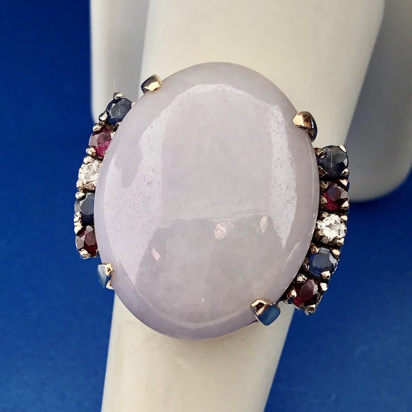 14K Yellow Gold Lavender Jade Diamond Ruby Sapphire Accented Statement Ring