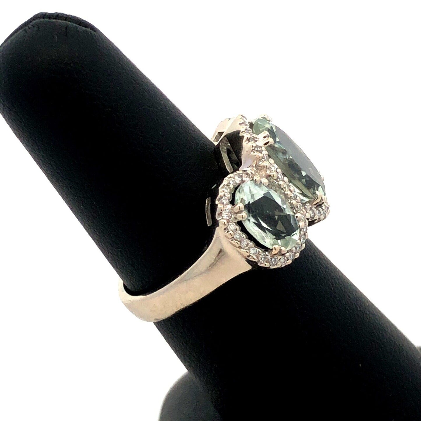 Designer SGC 14K White Gold Oval Green Amethyst Trio Diamond Halo Statement Ring