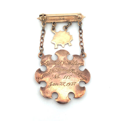 1937 10K Yellow Gold Pink Green Enamel 30 Year Eastern Star Service Award Pin
