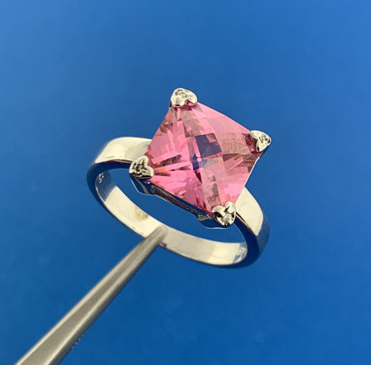 Vintage FAS 925 Sterling Silver Princess Pink Ice Statement Cocktail Ring