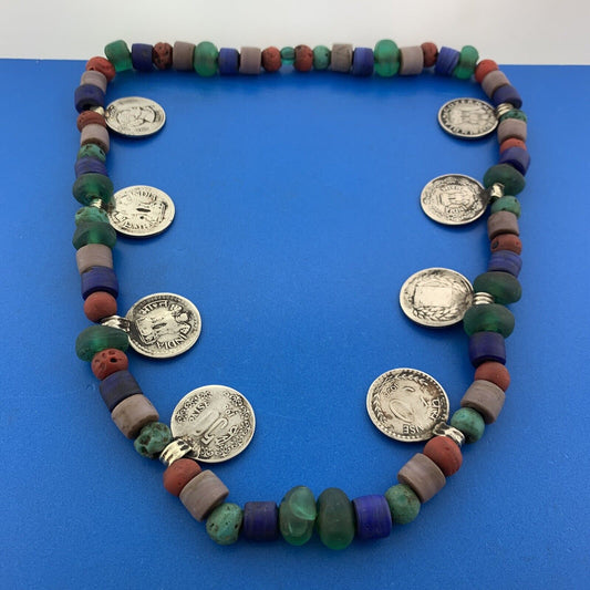 Mid Century Bakelite Art Glass Carved Cinnabar Beaded India Coinage Necklace