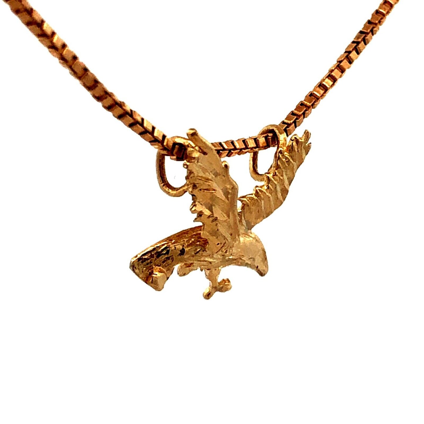 14K Yellow Gold Diamond Cut Flying Eagle Pendant Chain Necklace