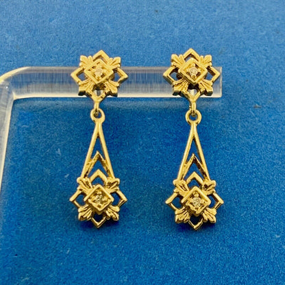Vintage Art Deco 14K Yellow Gold Diamond Drop Dangle Stud Earrings