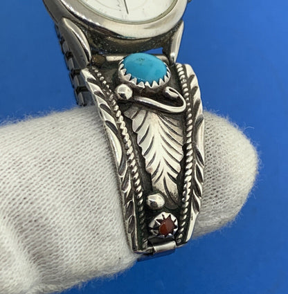 Native American Sterling Silver Turquoise Coral Kokopelli Bracelet Watch Parts