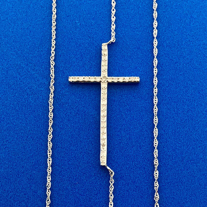 Designer 14K White Gold Diamond Bar Cross Religious Communion Easter Necklace