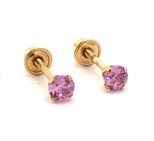 14K Yellow Gold Designer JTS Round Pink Cubic Zirconia Solitaire Stud Earrings